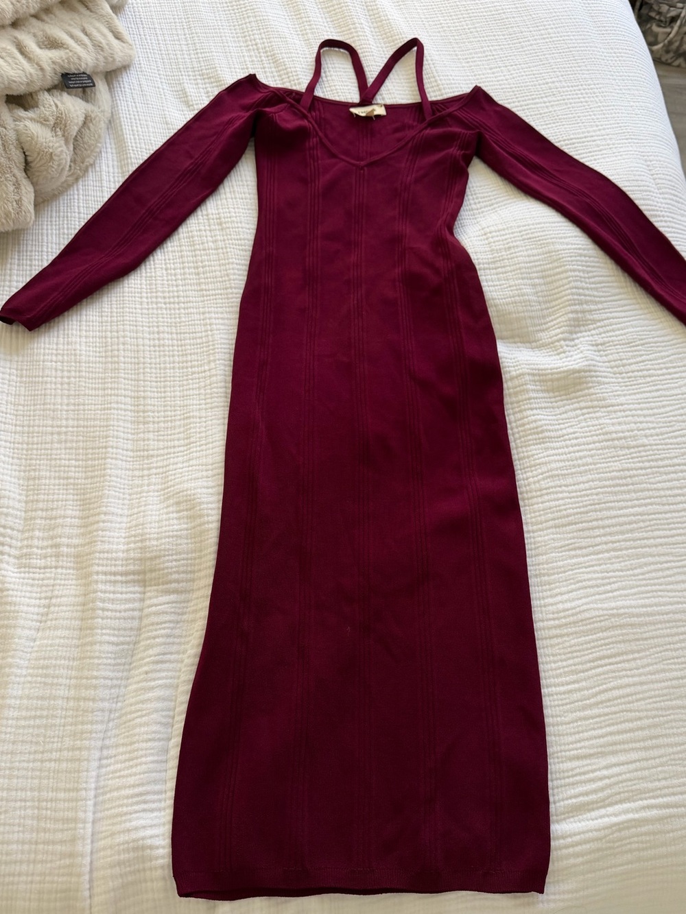L’AGENCE Ribbed Off-Shoulder Maxi Dress in Wine